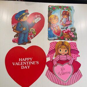 Vintage Lot Of 4 Valentines Day Die Cut Cardboard Cutouts Decorations Hearts